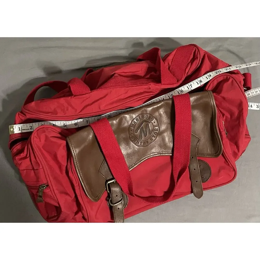 Vintage 90s Marlboro Country Store Red Duffle Bag Leather Flap Travel Gym
